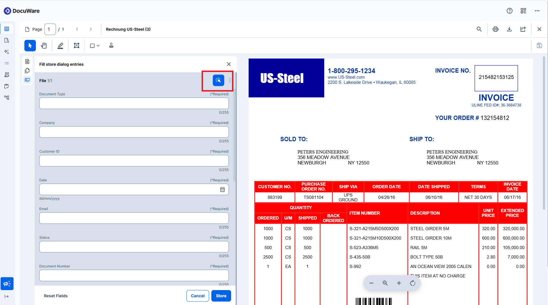 Invoice document showing details for US Steel order and customer information.